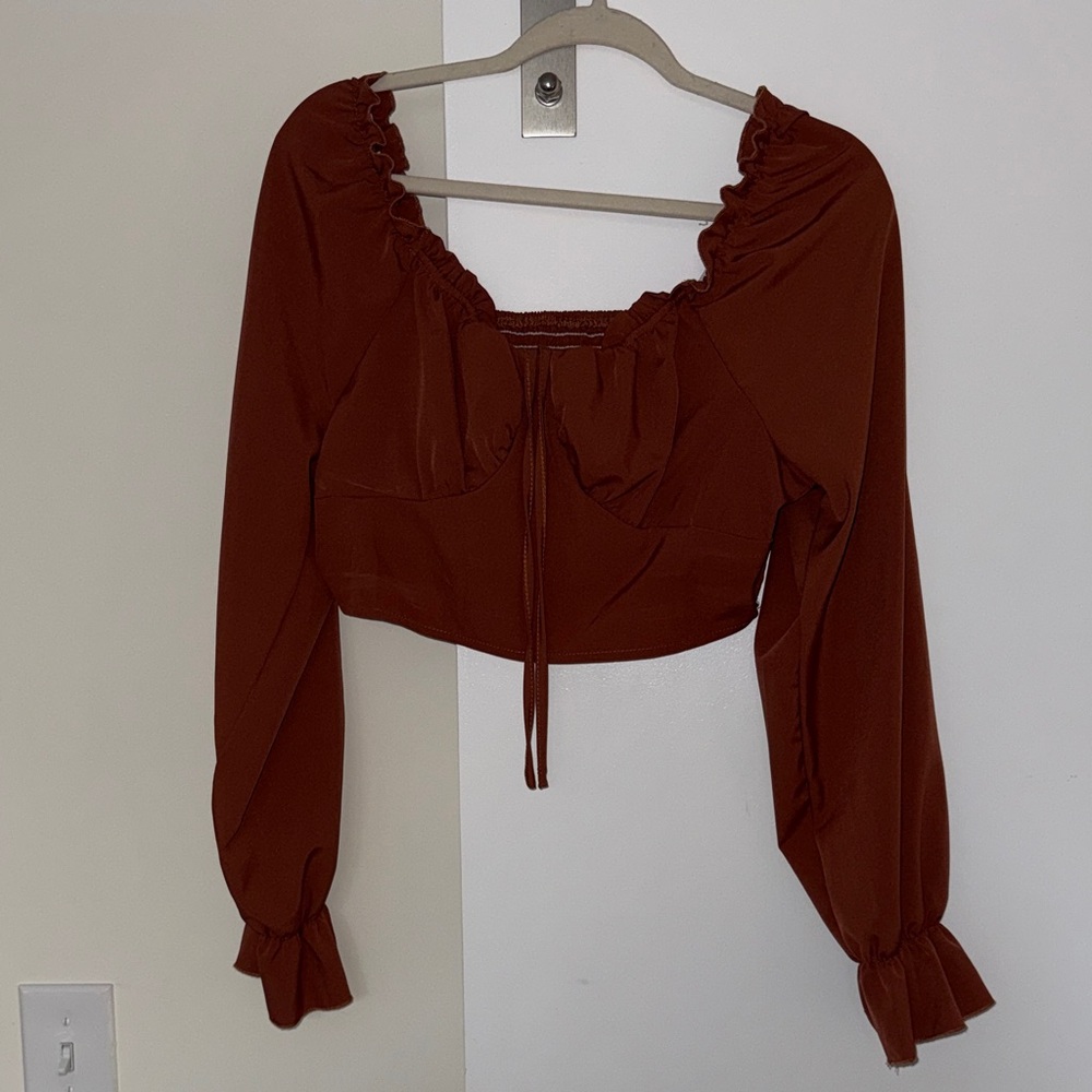 SHEIN Ruffled Long Sleeve Blouse - Red/Brown